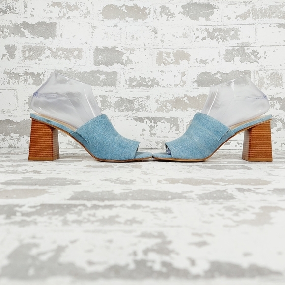 Nine West Wylow Blue Denim Open Toe Slip On Block Heel Mules M437 - Picture 7 of 13